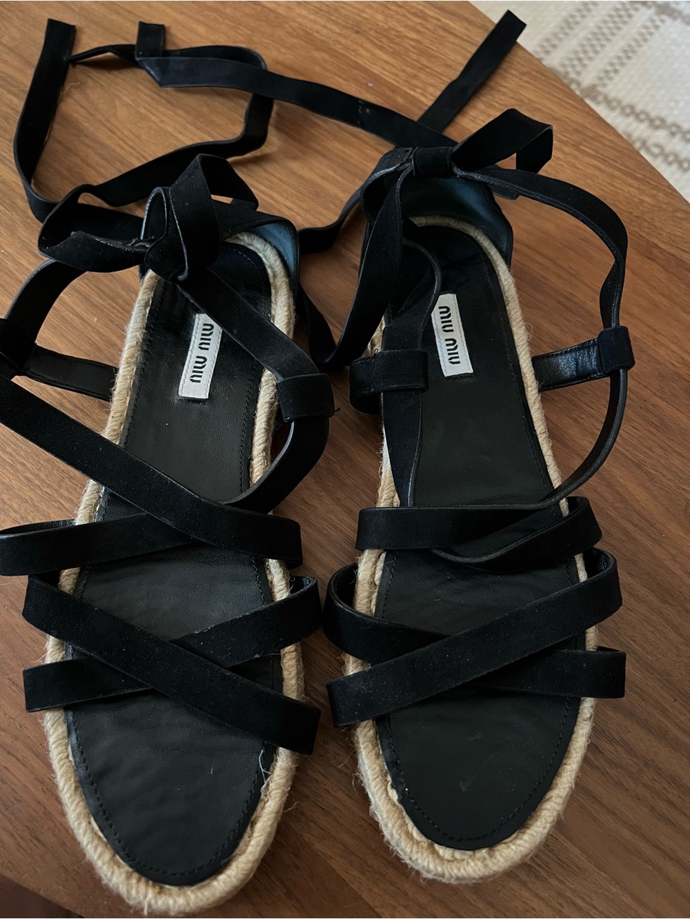 Miu Miu Black Lace Up Gladiator Leather Espadrille Flat Sandals Women Size 40